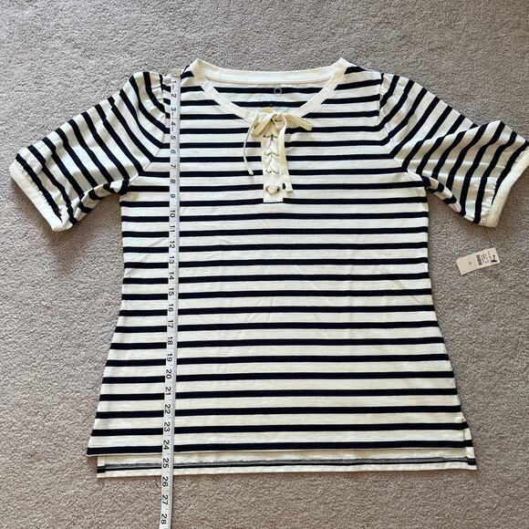 Talbots Navy Cream Striped Puff Sleeve Lace Up Top Size Medium Prep Nautical NWT - Picture 7 of 7